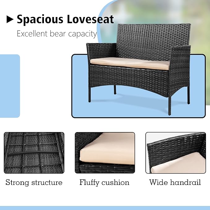 JAMFLY 4-Piece Outdoor Patio Furniture Set, PE Wicker Conversation Kit with Tempered Glass Table, All-Weather Seating for Small Porch, Balcony & Poolside, Washable Cushions, Black