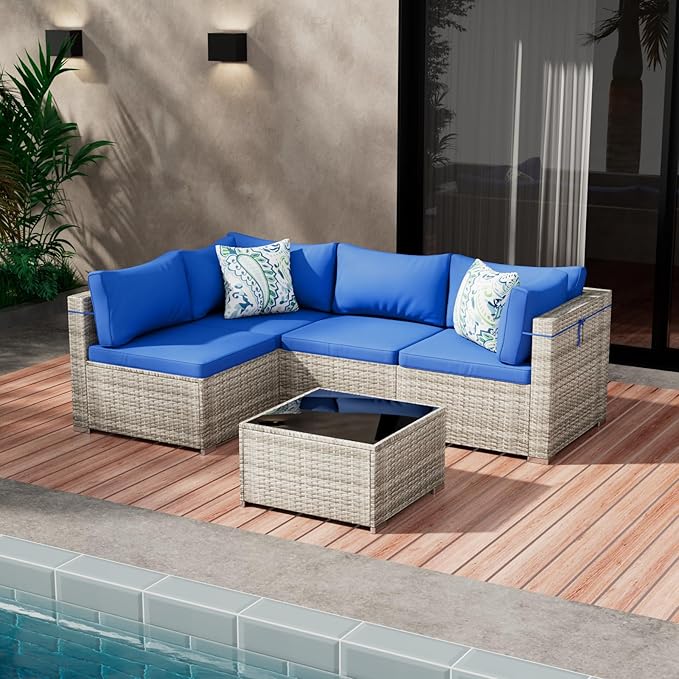 5 Piece Patio Furniture Set, Outdoor Wicker Patio Sofa Set, PE Rattan Sectional Couch with Glass Table and Blue Cushions, All-Weather 5 Piece Outdoor Patio Furniture Sets, Grey