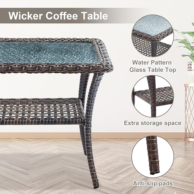 Belord Patio Wicker Furniture with Rocking Chairs Loveseat, 5 Piece Rattan Furniture Outdoor Table and Rocking Chairs Set for Patio Deck Porch Backyard Brwon/Beige
