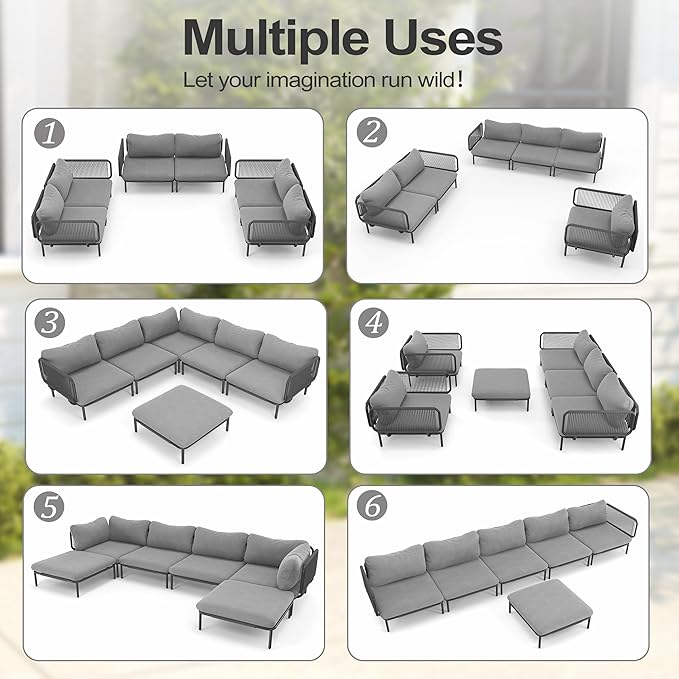7PCS Patio Furniture Set, Oversized Outdoor Sectional Furniture with Metal Frame, 6-Seats Conversation Set with Height Adjustable Coffee Table for Outdoor