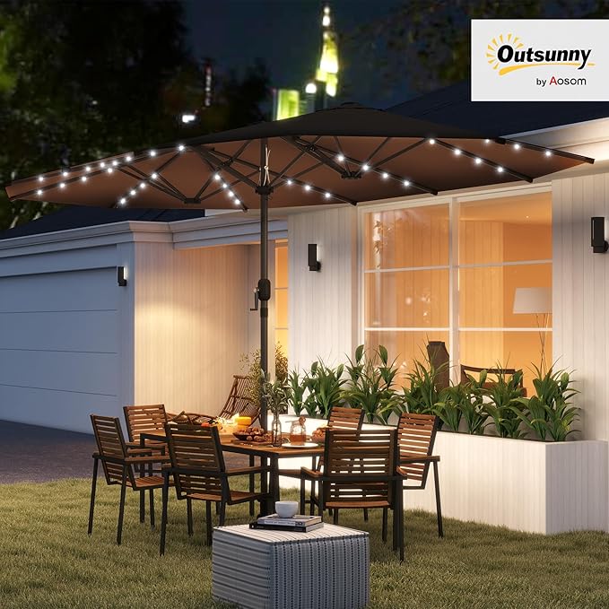 Outsunny 14.8ft Double Umbrella, Large Outdoor Patio Sun Shade with LED Solar Light for Garden