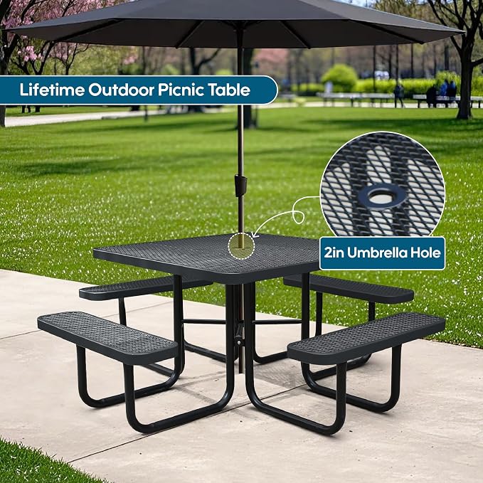 46" Square Picnic Table for Outside,Heavy Duty Metal Picnic Table Bench Set with 2in Umbrella Hole, 1600 lb Capacity,Commercial Dining Table Furniture for Garden Yard Patio Party Coffee Shop