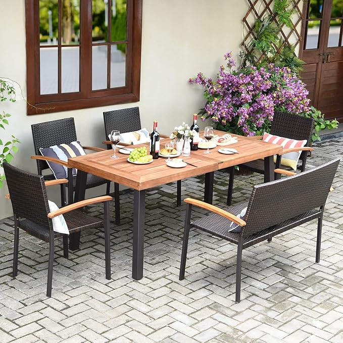 Tangkula 6 Pieces Wicker Patio Dining Set, Patiojoy Outdoor Dining Furniture w/ 1 Acacia Wood Tabletop Dining Table, 4 Stackable Chairs & 1 Rattan Bench, Backyard Garden Steel Frame Conversation Set