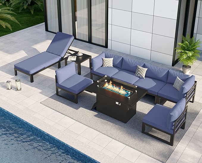 NICESOUL 9 Pcs Large Contemporary Aluminum Outdoor Furniture Set with Chaise Lounge & Fire Pit Table, 29" Deep Wide Couch Set, 500 lbs Heavy Duty Comfy Patio Sectional Sofa for Poolside, Denim Blue