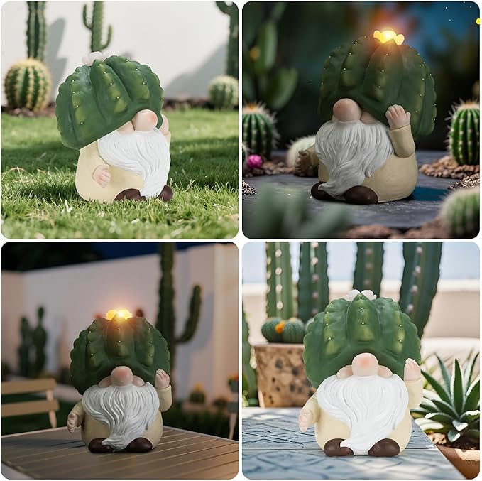 Etlemonde Solar Cactus Gnome Statue Garden Decor Light - Outdoor Decorative LED Flower, Suitable for Patio, Lawnand Garden Decorations, Gifts for Mom