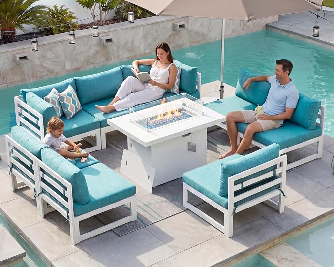 BULEXYARD 8 Person Modern Aluminum Outdoor Patio Furniture Set with Fireplace, 29 inch Wide Deep Seating, Fade Resistant L-Shaped Sectional Couch, Plus Size Conversation Set for Backyard Terrace, Teal