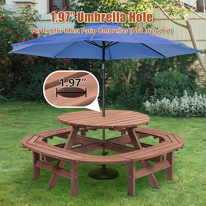 12-Person Picnic Table and Chairs Set, Outdoor Round Wooden patio Tables with DIY w/1 Built-in Ring Stool & Umbrella Hole, 500-lb Weight Capacity for Patios, Backyard (Walnut Brown, 10-12-person)