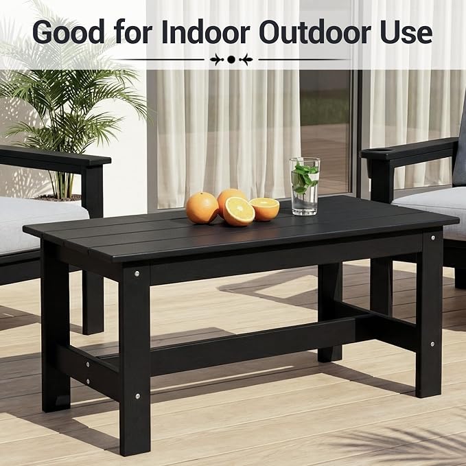 HDPE Outdoor Coffee Table, Rectangle Patio Coffee Table, All-Weather Side Table for Balcony, Poolside, Deck, Garden, Black, 37.7''L x 20.8''D x 17.7''H