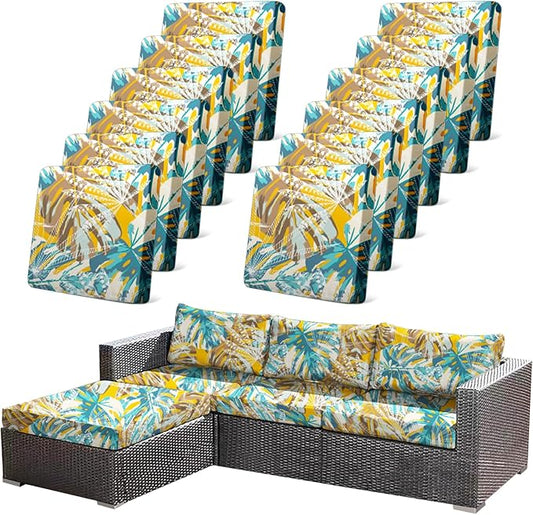 CALBODE 12pcs Outdoor Tropical Plant Printed Sofa Seat Cushion Covers Strechable, Dustproof Elastic Half-Covered Sofa Covers Washable Reusable Patio Furniture Protector（Blue and Yellow, Cover Only）