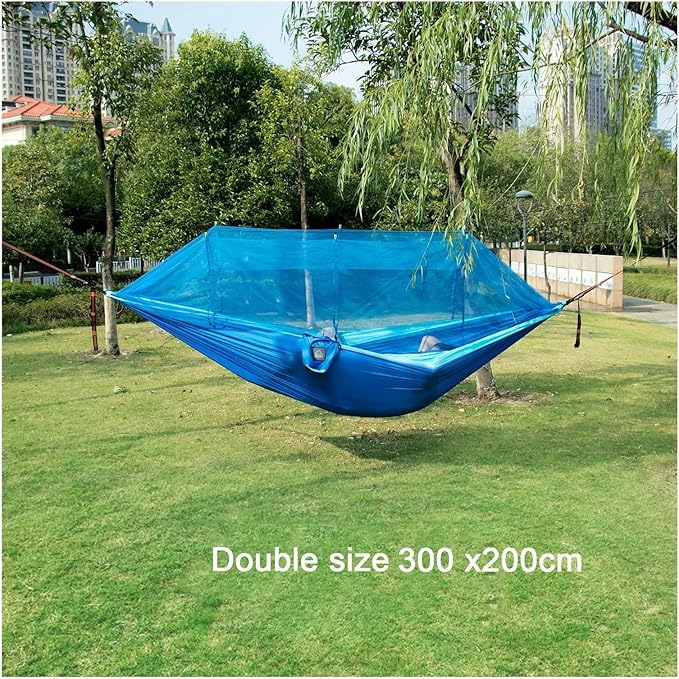 Single and Double Size Nylon Fabric Portable Travel Outdoor Camping Hanging Sleeping Hammock with Mosquito Net(Single Blue 2)