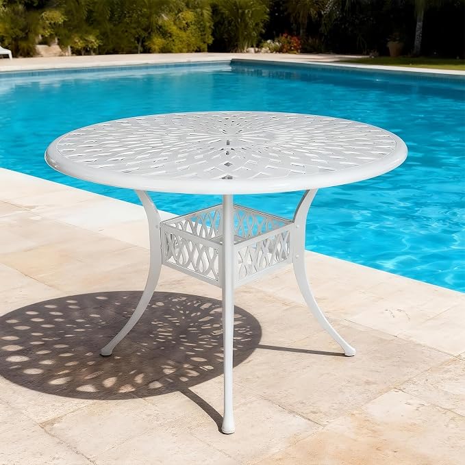 42 Inch Outdoor Patio Dining Table Round Cast Aluminum Table with 1.97" Umbrella Hole, All Weather Metal Bistro Table for Porch,Backyard,Garden,Balcony,White