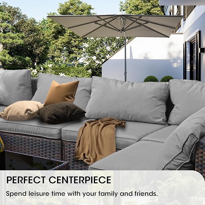 9 Piece Patio Furniture Set with 44" Fire Pit Table, Outdoor Sectional Couch, PE Rattan Patio Conversation Sets with 4inch Cushions for Backyard Grey
