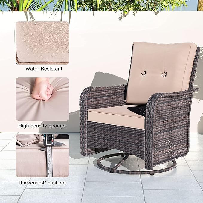 Kullavik Outdoor Swivel Chairs Set of 2,Patio Wicker Rocker Chairs with 4" Thick Cushions and Side Table,Patio Conversation Furniture Set for Patio Porch Deck Backyard,Sand