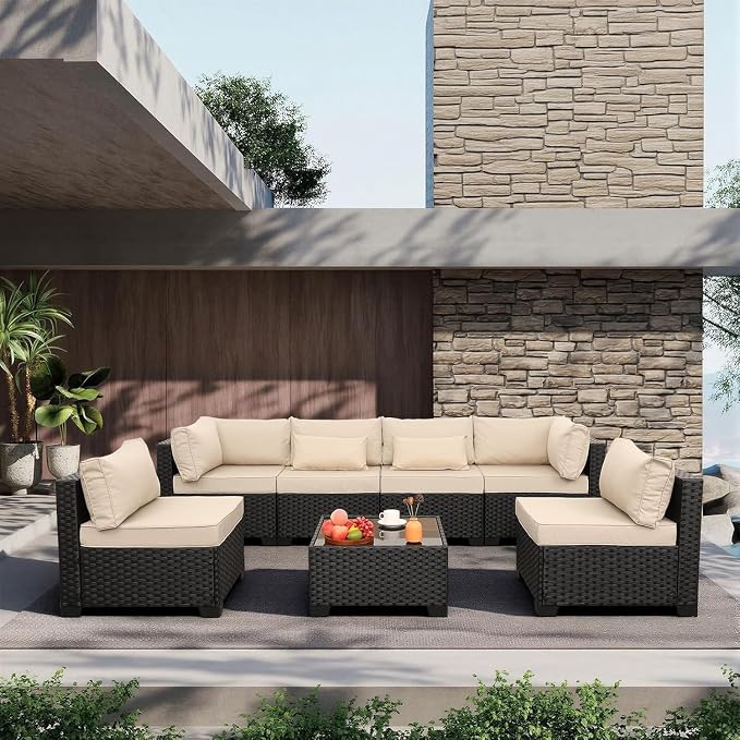 7 Pieces Patio Rattan Sectional Conversation Sofa Set PE Outdoor Wicker Furniture Set with Khaki Cushions and Glass Top Table