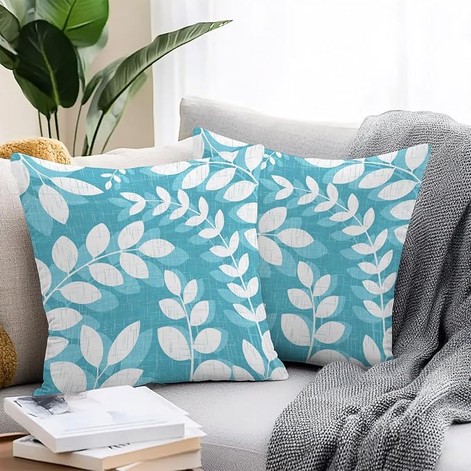 Teal Cyan Leaves Outdoor Waterproof Throw Pillow Covers 26x26 Set of 2, Farmhouse Botanical Branch Vintage Boho Leaf Decorative Pillowcases Cushion Pillowcase for Couch Sofa Patio Pillow Protector