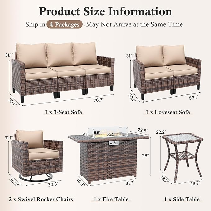 Amopatio Patio Furniture Set, 6-Piece Wicker Outdoor Sectional Sofa with Swivel Rocker Chairs, All-Weather Rattan Conversation Set with Fire Pit Table and Waterproof Cover for Backyard Brown/Khak