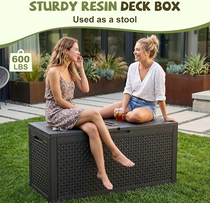 150 Gallon Outdoor Storage Box, Large Resin Deck Box Waterproof, Lockable Toy Storage Container, Storage Bins with Lids for Patio furniture, Garden Tool Box, Black