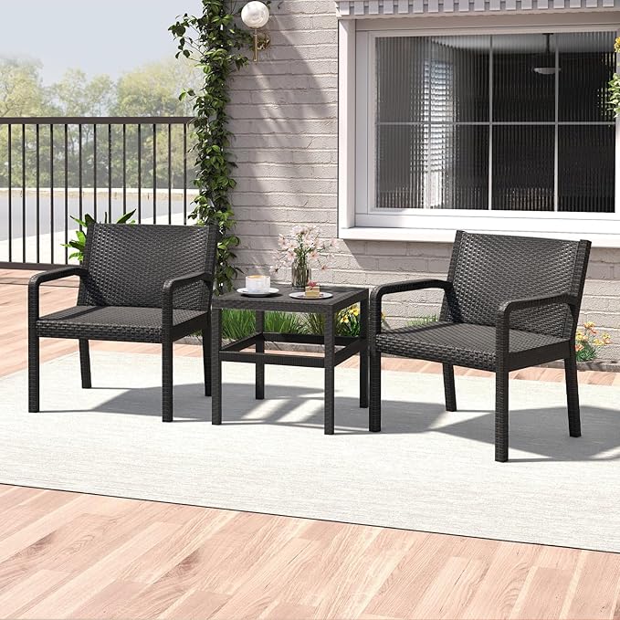 Tangkula 3 Piece Patio Furniture Set, Outdoor Wikcer Conversation Set with 2 Rattan Armchair & 25" Square Side Table, for Patio, Garden, Poolside, Bistro (Black)