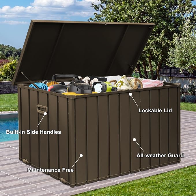 Domi Deck Box Outdoor Storage Box 200 Gallon, Lockable Storage Cabinet Deck Box Outdoor Waterproof, Large Metal Storage Bin for Patio Furniture Cushions Garden Tools Pool-Supplies, Brown