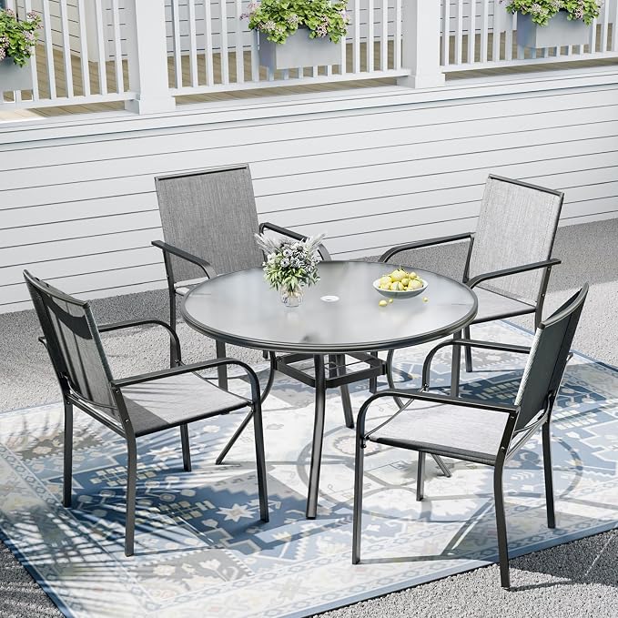Outdoor Patio Set, 40" Round Glass Dining Table and 4pcs Stackable Chairs, All-Weather Patio Furniture Set with 1.7" Umbrella Hole for Garden Backyard Lawn Poolside