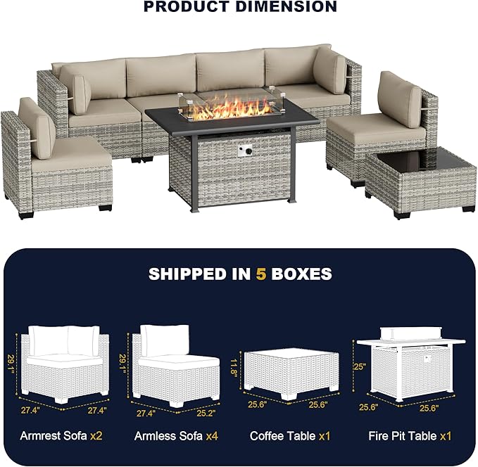 8-Piece Outdoor Patio Furniture Set with 55,000 BTU Fire Pit Table, PE Wicker Rattan Sectional Sofa Conversation Set - All-Weather Garden, Backyard Furniture, Beige