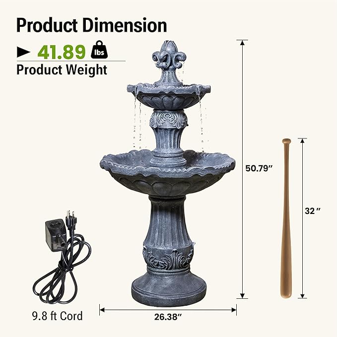 50-Inch Outdoor Water Fountain, 2-Tier Large Italian Cascading Resin Waterfall Fountain, Classic European Pedestal, Floor-Standing Water Feature for Garden, Patio, Backyard, Deck, Lawn in Gray