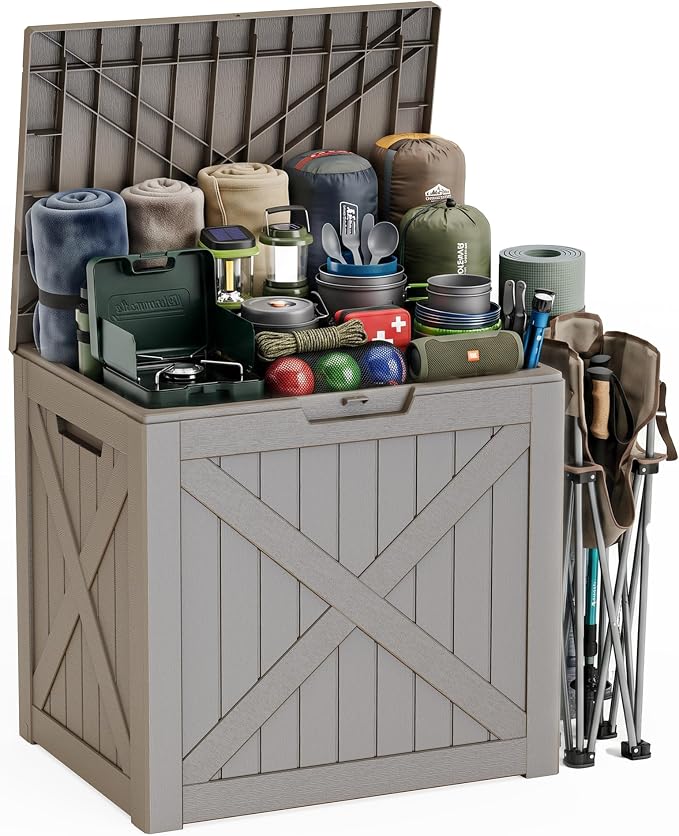 EasyUp 35 Gallon Deck Boxes Outdoor Waterproof, Weatherproof Outdoor Deck Box, Lockable Resin Storage Bench For Patio Cushions, Garden Tools And Pool Accessories, Gray