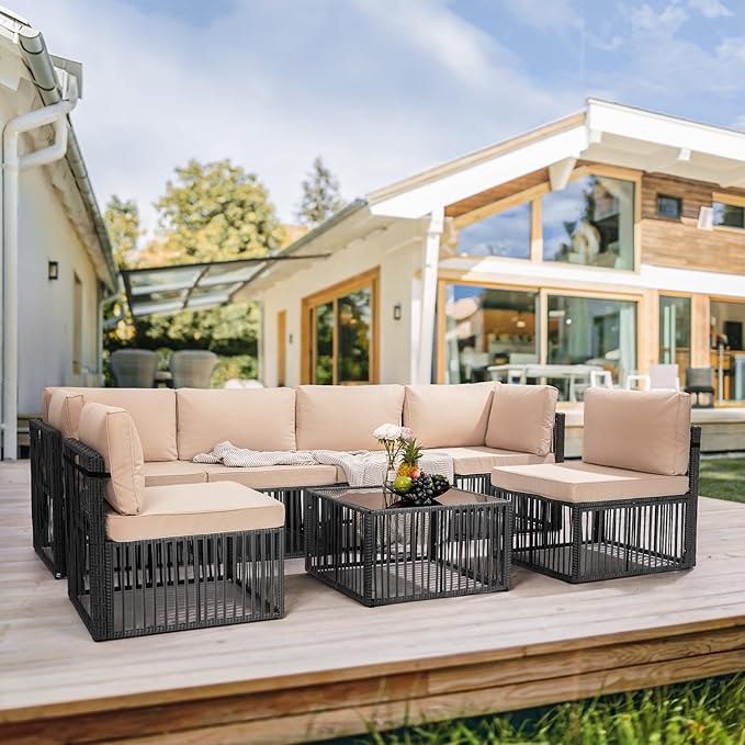 Pamapic 7-Piece Patio Furniture Set, Large Handwoven Wicker Outdoor Sectional Set with Coffee Table, All-Weather Patio Sofa Conversation Set for Backyard, Poolside, Garden
