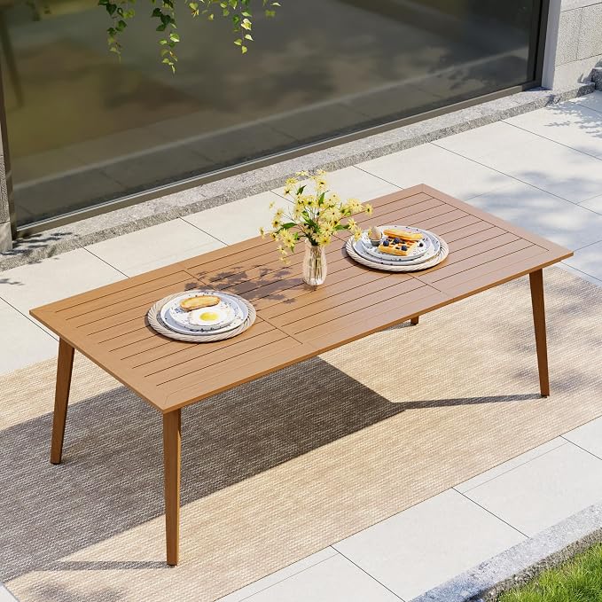 HAPPATIO Outdoor Dining Table for 8, Rectangular Aluminum Patio Table with Umbrella Hole, 8-Person Rustproof Wood-Like Table for Lawn Garden Backyard