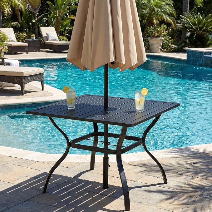 Majnesvon 37" Outdoor Dining Table, Square Patio Table with Umbrella Hole, Metal Steel Slat Outdoor Table, All-Weather Steel Patio Dining Table, for Lawn, Garden, Backyard, Bistro, Black