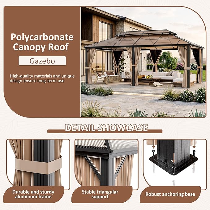 AirWire 12'x20' Hardtop Gazebo, Outdoor Polycarbonate Roof Canopy, Aluminum Frame Permanent Pavilion with Curtains and Netting, Sunshade for Garden, Patio, Lawns
