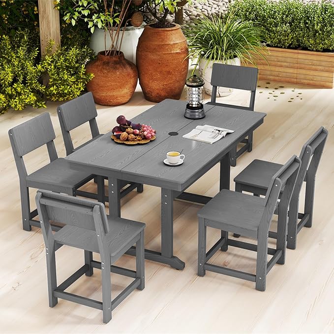7-Piece HDPE Outdoor Dining Set, Weatherproof Patio Table and Chairs for 6, Outdoor Dining Table Set for Outside Deck Backyard Garden, Grey