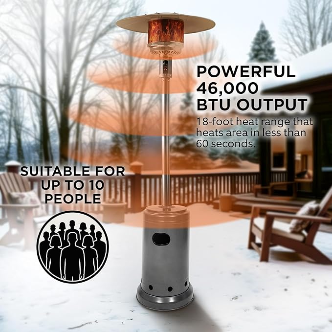 Amazon Basics 46,000 BTU Portable Outdoor Propane Patio Heater with Wheels, Commercial & Residential with Water Tank, Adjustable Heat Output, 9-Foot Radius, Slate Gray, 32.1"L x 32.1"W x 91.3"H