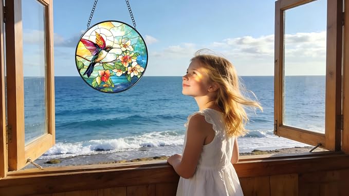 Stained Glass Window Hanging - Colorful Hummingbird Stand on Branches Covered in Flowers 6.3 Inches Suncatcher for Garden Home Decor for Women Mom Grandma Friends