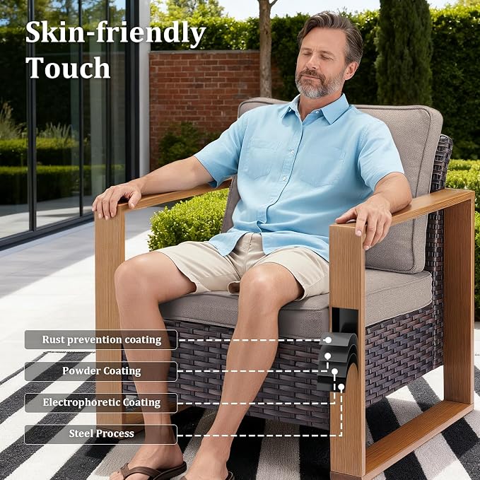 5PCS Swivel Patio Furniture Set, Outdoor Wicker Sofa and Swivel Rocker Chairs, All-Weather Conversation Set for Backyard, Deck and Poolside Grey