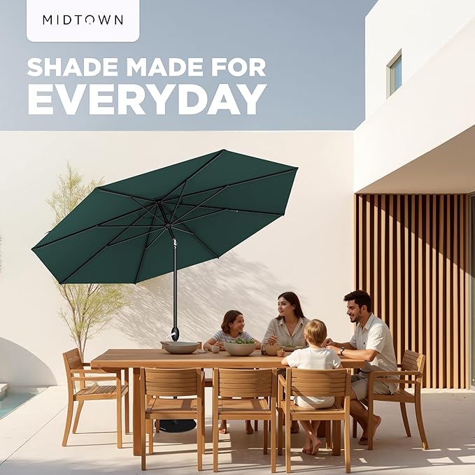 Midtown Umbrellas - 10-Year-No-Fade 10 Ft Patio Umbrella with Terylast Fabric, Auto-Tilt Aluminum Frame and 8 Reinforced Ribs for Deck, Pool, Garden & Beach - Forest Green Canopy, Black Pole