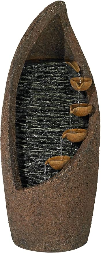 Nathan Cascade 34 1/2" High Large Rustic Indoor Outdoor Decor Faux Stone Floor Fountain with Light LED Standing Waterfall Tiered Water Feature for Outside Garden Patio Yard Backyard - John Timberland