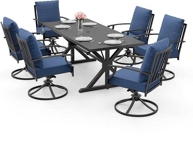 ALAULM 7-Piece Patio Dining Set,Outdoor Metal Dining Set with 6 Swivel Chairs & Rectangle Table with 1.5 Umbrella Hole, Patio Dining Table and Chairs for Backyard,Navy