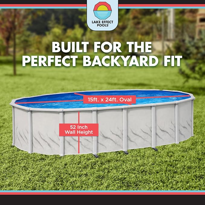 Lake Effect Pools 'Galleria' 15 ft x 24 ft Oval Above Ground Swimming Pool Bundle | 52 Inch Height | Steel Sided Walls | Kit Includes: 25 Gauge Liner, A-Frame Ladder, Sand Filter/Pump, & Skimmer