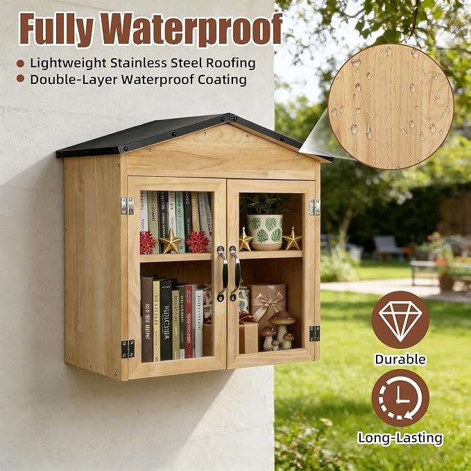 Outdoor Little Free Library Box, Weather-Resistant Wooden Blessing Box with Metal Roof & Adjustable Shelf, Easy-to-Assemble Lending Library for Books, Food Pantry for Neighborhood Community