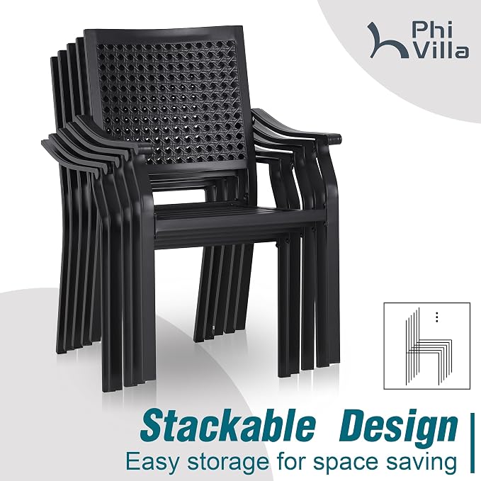 PHI VILLA 5pc Outdoor Table Set w/Umbrella, Round Metal Table & Chairs | 42" wrought iron table & stackable chairs w/ cushions. 10ft blue umbrella. Patio furniture set for deck, porch, backyard.