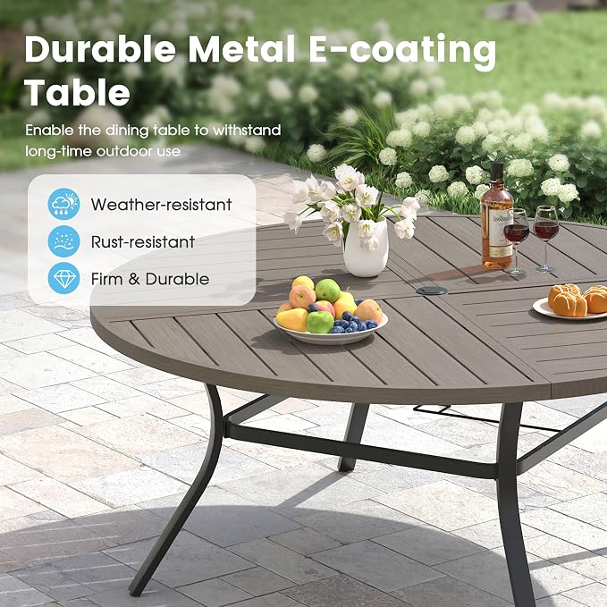 Patio Dining Table for 8-10, Round Metal Outdoor Table with Storage Shelf, 1.57" Umbrella Hole, 63" Outdoor Quartered Tabletop Dining Table for Backyard, Porch, Lawn, Grey