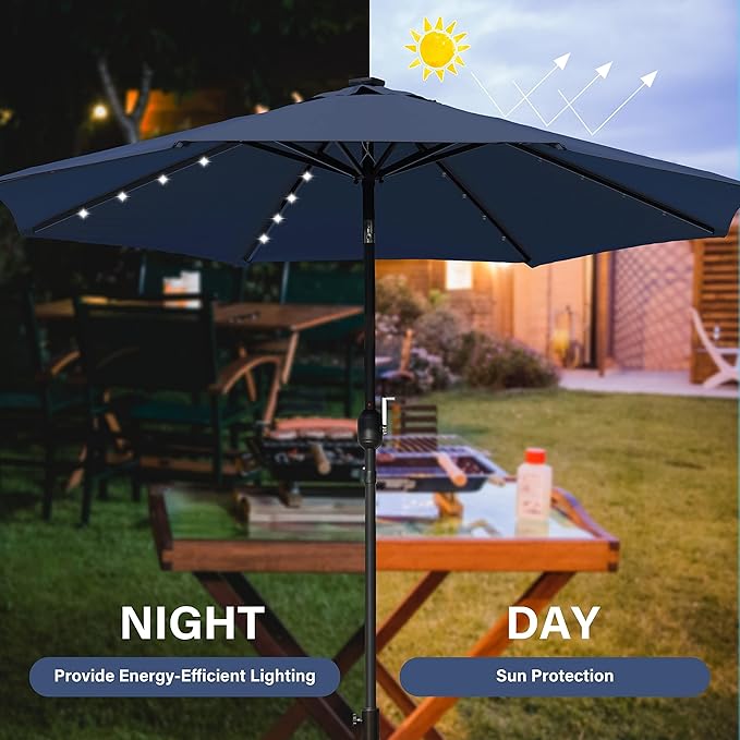 Simple Deluxe 9' Solar Umbrella 32 LED Lighted Patio Umbrella Table Market Umbrella with Push Button Tilt/Crank Outdoor Umbrella for Garden, Deck, Backyard and Pool