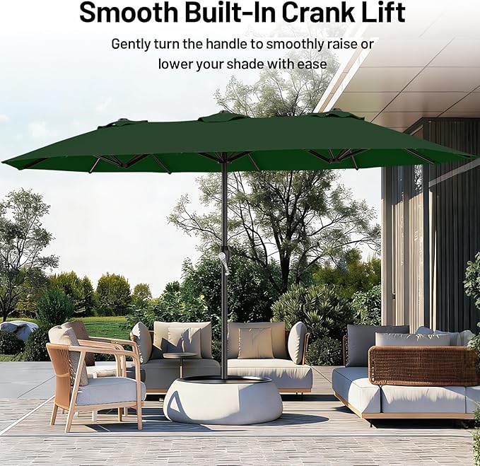 AreShark 15ft Patio Umbrella with Base, Double Sided Outdoor Umbrella with 12 Fiberglass Ribs, Large Outdoor Umbrella for Garden, Pool, Deck, Backyard & Market, Dark Green