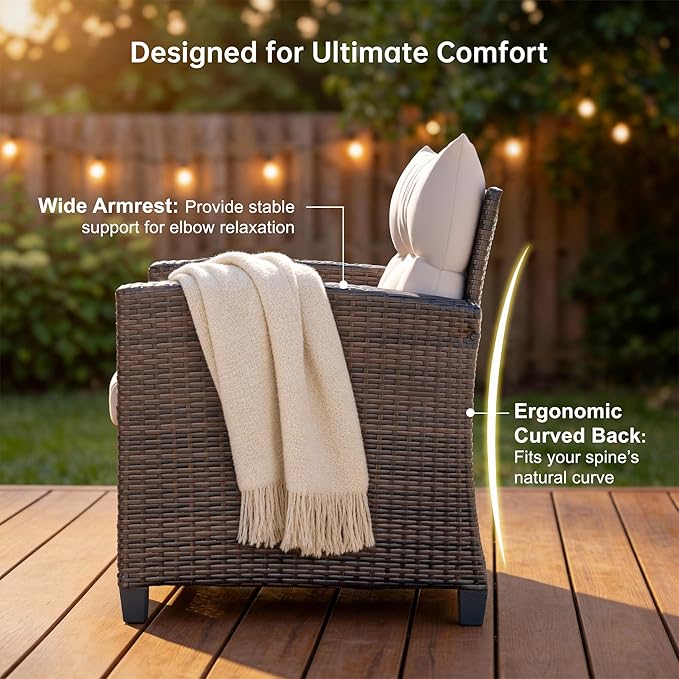 Devoko 4-Piece Patio Furniture Set, All-Weather PE Rattan Outdoor Conversation Set with Thick Cushions & Glass Coffee Table, Brown Wicker Patio Sofa Set for Backyard, Porch, Garden
