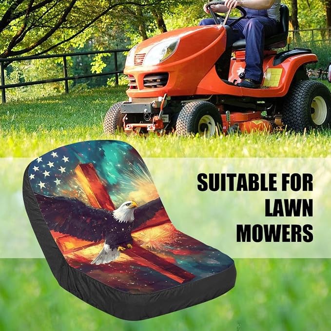 American Flag Eagle Cross Lawn Mower Seat Cover Tractor Seat Cushion Without Armrest for Agricultural and Industrial Vehicle, Non-Slip