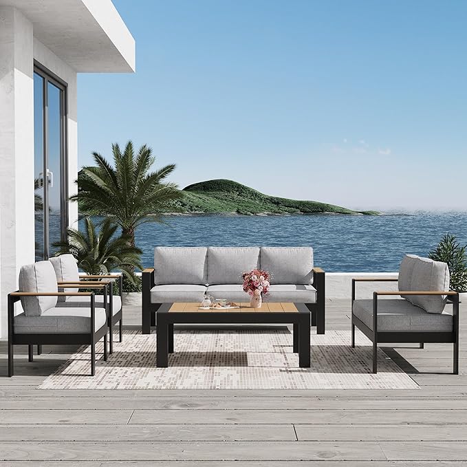 Aluminum Outdoor Patio Furniture Sets, 5 Piece Metal Patio Conversation Sets with Coffee Table with 5 Inch Cushion for Garden Backyard Deck