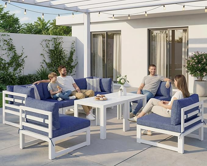 NICESOUL 6 People Extra Large Luxury Aluminum Patio Conversation Set for Backyard Garden, 29" Deep Wide Seat, U Shaped Modular Sectional Couch, 500 lbs Heavy Duty All Weather Outdoor Sofa, Denim Blue