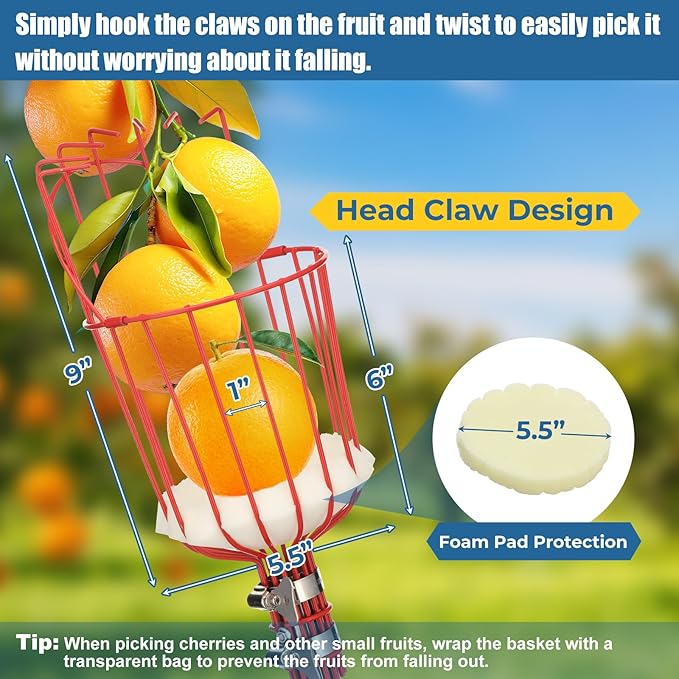 75" Fruit Picker Pole Tool for Long Reach, No Ladder Required, Portable Splicing Tool for Seniors,Kids,Year-Round Use– Effortless Harvesting for Apples, Avocados,Oranges,Grapefruit,Mangoes,Plums,Pear