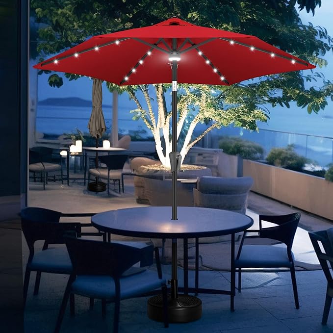 FLAME&SHADE 7.5 FT Solar Light Patio Umbrella, 24 LED Lights Outdoor Umbrella with Centre Surround Light, Table Umbrella Outdoor Patio for Deck, Pool, Backyard, Garden, UV Protection (Red)